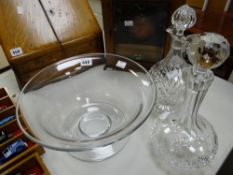 A William Yeoward heavy quality flared glass bowl & a pair of cut glass decanters Condition