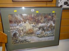 JOHN ROGERS framed print - cottages and riverbank, 37 x 55cms Condition reports provided on