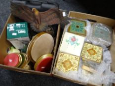 A box of antique pottery tiles and a box of mixed items including ornaments stands ETC Condition