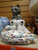 Pair of Staffordshire dogs, large ceramic cat and an Emma Bridgewater duck egg holder Condition