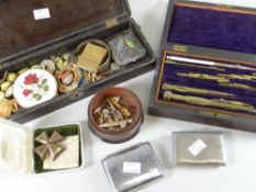 Vintage cased drawing set & a glove box containing various items including cigarette cases,