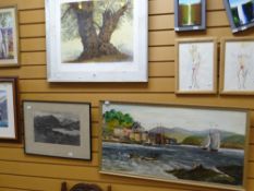 Limited edition coloured print of tree trunks together with a monochrome etching and oil on board,