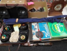 A cased set of Crown Green bowls and two similar in boxed sets & two fly fishing rods Condition