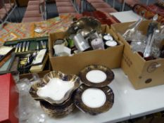 A box of glassware, a box of mixed china, sundry glasses, a boxed cut glass fruit bowl, part-