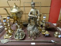 Tray of various brassware including scales, Welsh miner, spirit kettle ETC Condition reports