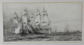WILLIAM LEONARD WYLLIE monochrome etching - sailing ships firing in battle, signed, 20 x 40cms