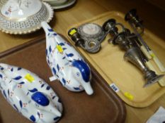 EPNS candelabra (damage), carving set, two ceramic ducks Condition reports provided on request by