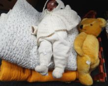 A good antique quilt, an English teddy bear, vintage doll ETC Condition reports provided on