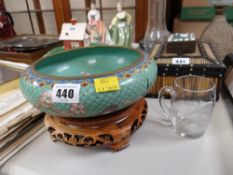 An Oriental cloisonne shallow bowl on stand & a Mary Gregory-type cup Condition reports provided