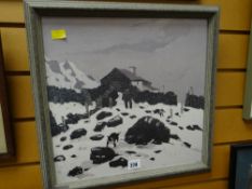 Framed SIR KYFFIN WILLIAMS RA print - sheep dog and farmer on snowy mountainside, 36 x 36cms