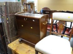 A mid-century box coffee table, two dismantled church pews, metal coal box, wooden pedestal chair