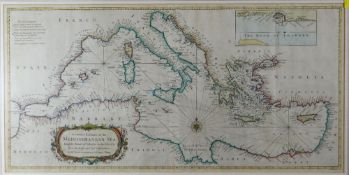 Coloured framed map entitled 'A Correct Chart of the Mediterranean Sea' from Mr Tindal's
