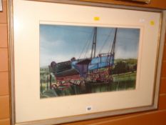 Framed watercolour of farm machinery, indistinctly signed, dated '65 Condition reports provided on