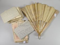 A bag of philatelic material - mainly letters and a mother of pearl handled antique fan Condition