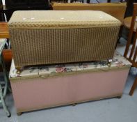 A Lloyd Loom gold coloured ottoman with cushion top and another in pink Condition reports provided