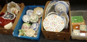 Three boxes of mixed pottery & china including Minton Haddon Hall and a tub of tiles (3 boxes, 1