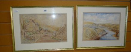 Two framed watercolours by EDITH E DAVIES - estuary scene & village lane Condition reports