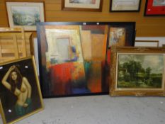Modern framed abstract oil on canvas together with two framed prints Condition reports provided on