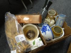 Two boxes of mixed china, pottery, a copper planter ETC Condition reports provided on request by