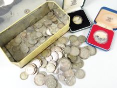 Loose pre-decimal coinage and two cased commemorative coins Condition reports provided on request by