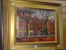 Oil on canvas - street scene through railings and trees, label verso on frame for Robert Morley,