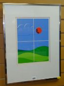 Four sectioned print by TULLY, dated '72 - mountains, sky and sun Condition reports provided on