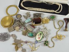 A tin of collectables including bracelets, sporting medallions, compact ETC Condition reports