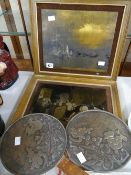 A pair of metal, probably bronze, Oriental fans and a pair of maritime metalwork prints