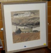 TWENTIETH CENTURY WELSH SCHOOL mixed media - preliminary sketch / drawing of cottages and river bank