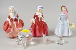 Three small Royal Doulton figures & three Swarovski glass animals Condition reports provided on