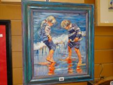 Framed oil on board - children playing on beach, signed SUE McDONAGH Condition reports provided on