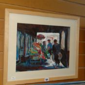Mixed media - market scene, signed SUE McDONAGH Condition reports provided on request by email for
