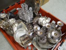 A crate of various EPNS including candelabra, trays, bottle coasters, toast racks ETC Condition