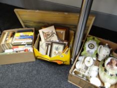 Three boxes containing framed prints, books and mixed teaware & china, clocks ETC Condition