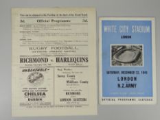 A rugby union programme for London v New Zealand, dated December 1945 & a Richmond v Harlequins