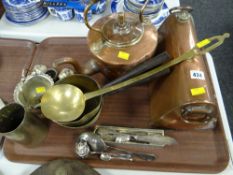 An antique copper foot bottle, a copper kettle, sundry brassware ETC Condition reports provided on