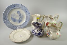 A Llanelly cockle plate, a Llanelly 'Milan' transfer plate and three Swansea jugs ETC Condition