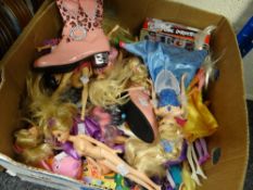 A box of modern dressing up dolls and Disney characters ETC Condition reports provided on request by