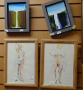 Pair of acrylics on board, entitled 'The Waterfalls' together with two framed sketches of a nude