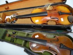 A vintage Czechoslovakian cased violin & bow together with a smaller cased violin & bow (both