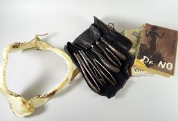 A curios parcel of items including vintage dentistry equipment in a pouch and jaw, bone & teeth from