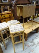 Modern pine rectangular coffee table together with drop leaf occasional table, three matching stools