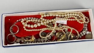 Assorted jewellery including three-strand necklace of pearls, sundry rings, three pences ETC