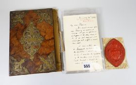 An overlaid walnut antique letter folder & a collection of wax-seals including one mounted and dated