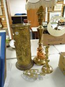 Parcel of brassware including umbrella stand, trivet, candlestick and table lamp Condition reports