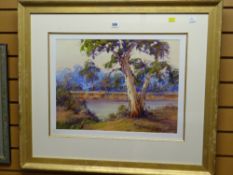 JOHN HINGERTY framed acrylic on card - entitled 'Across the Darling', signed in full, 38 x 50cms