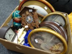 Box of mixed items including Bakelite clock, cuckoo clock, prints ETC Condition reports provided