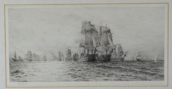 WILLIAM LEONARD WYLLIE monochrome etching - sailing ships firing in battle, signed, 20 x 40cms