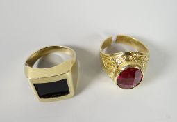 A believed yellow gold ring marked 750, 9grams & another with hallmarked worn (believed 9ct), 8grams
