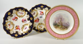 A Minton porcelain plate with painted landscape & figure scene and a pair of continental porcelain